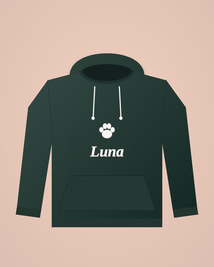 Forest green hoodie embroidered with a paw print and a pet name
